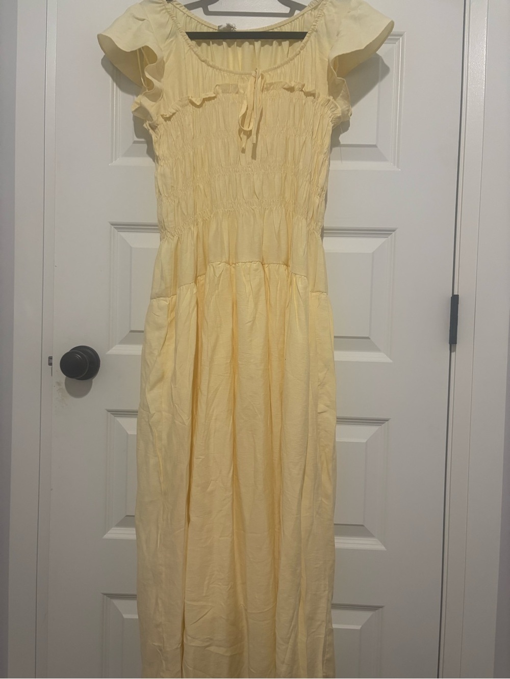 Smocked Butter Yellow Maxi Dress with Ruffle Cap Sleeves Size Large